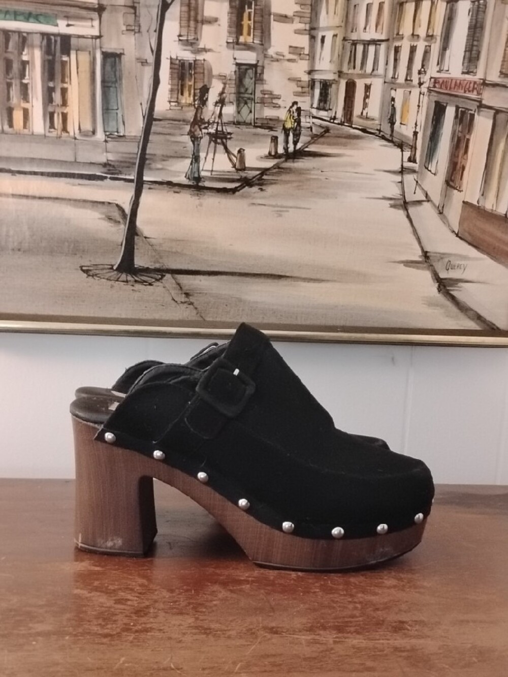 Sugar Black Studded Clog Mules with Wood Block Heel - Picture 4 of 8